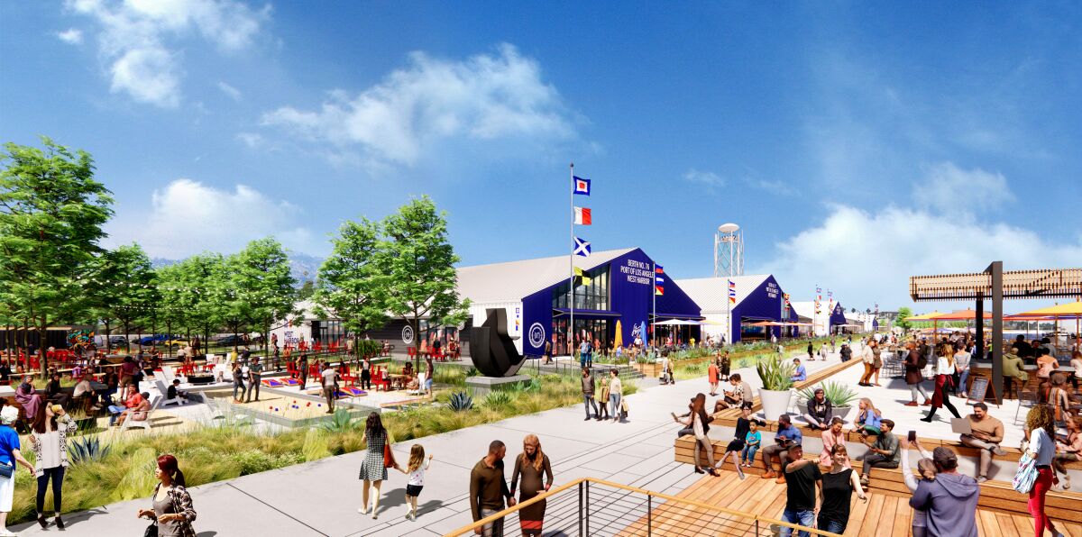 A rendering shows people eating, drinking and walking at an outdoor complex on a sunny day