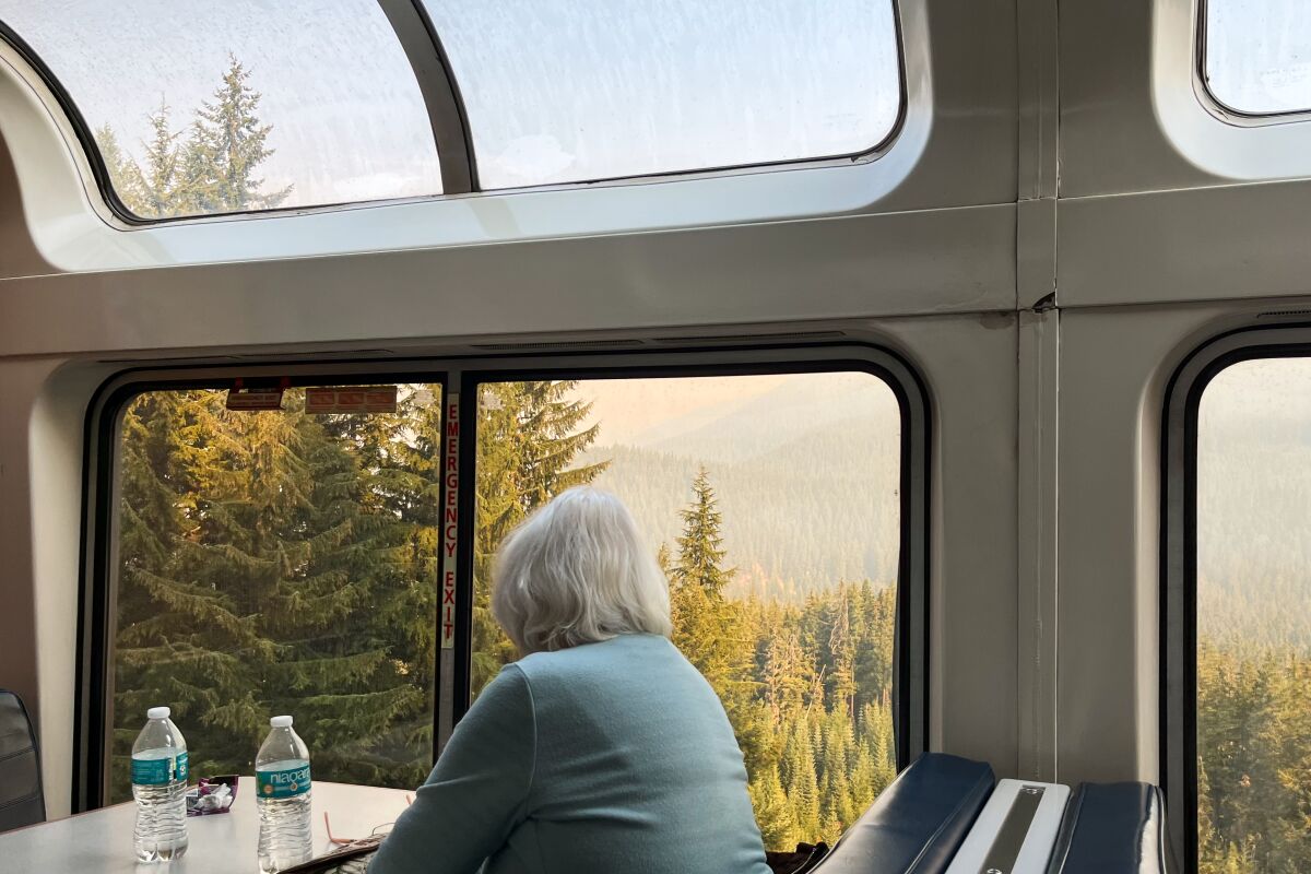 A woman looks out a train window
