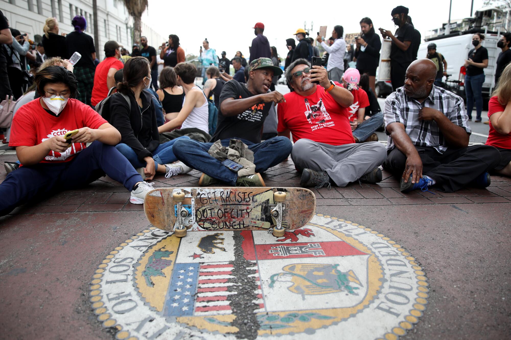 Protesters block Main Street while the Los Angeles City Council meeting is in session at Los Angeles City Hall.