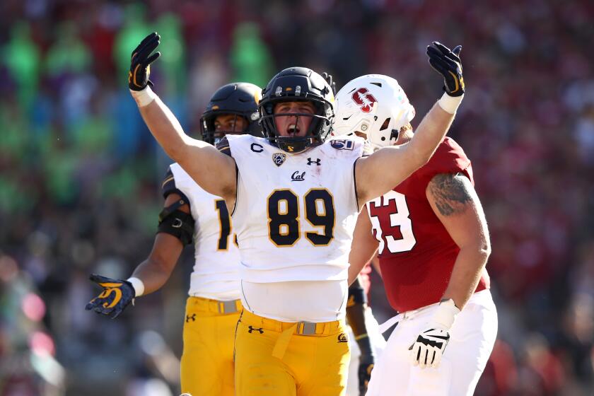 PALO ALTO, CALIFORNIA - NOVEMBER 23: Evan Weaver #89 of the California Golden Bears reacts after he tackled Cameron Scarlett #22 of the Stanford Cardinal at Stanford Stadium on November 23, 2019 in Palo Alto, California. (Photo by Ezra Shaw/Getty Images)