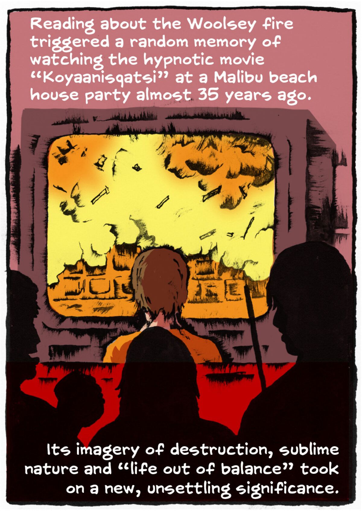 Illustration of people watching fire footage on TV
