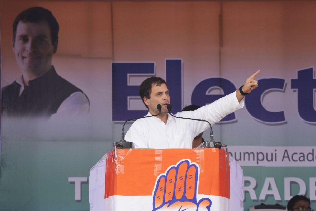 Rahul Gandhi, president of India's opposition Congress party, speaks at an election rally in the northeastern state of Tripura on March 20.