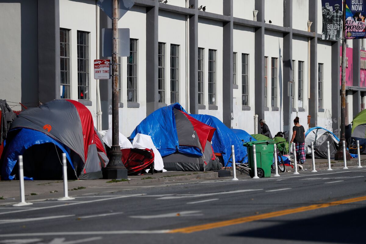 A homeless encampment in San Francisco. The Bay Area's early emergency restrictions are credited for stemming the rate of infection in the city and the region.