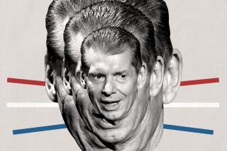 photo illustration of Vince McMahon with wrestling ropes behind him