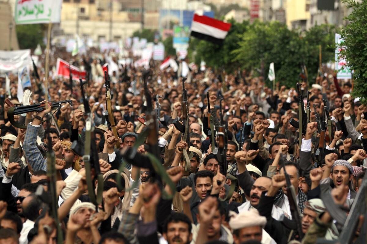 Yemeni supporters of the Shiite Houthi insurgents attend a rally in Sana, the capital protesting air strikes by the Saudi-led coalition.