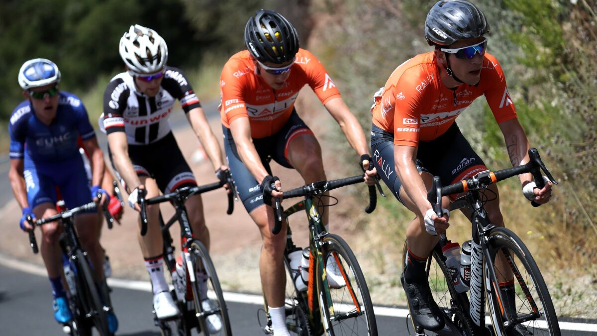 Evan Huffman leads the breakaway group during Stage 4 of the Tour of California on Wednesday.