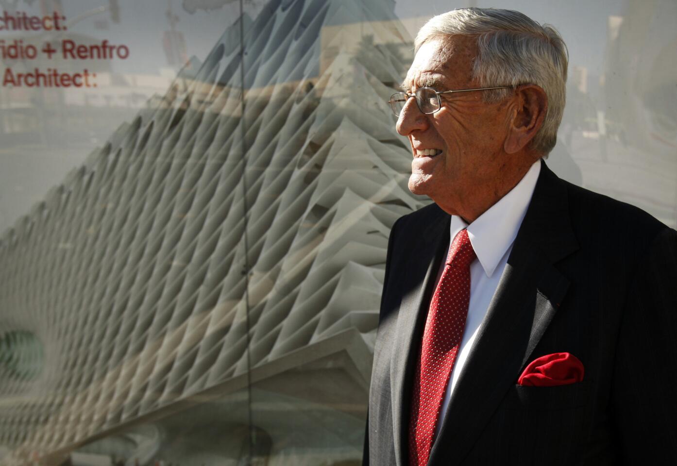 Philanthropist Eli Broad attends a "topping out" ceremony recognizing the placement of steel beams framing the downtown Los Angeles structure that will become the Broad, a contemporary art museum.