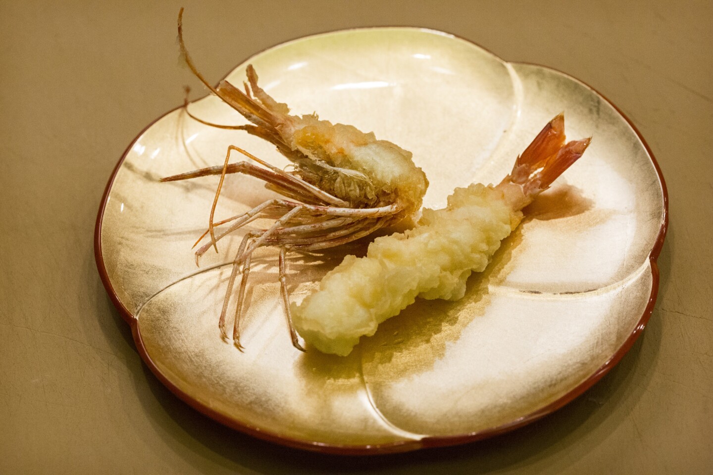 Prawn as served at Tempura Endo in Beverly Hills. The restaurant cooks tempura-style, specializing in the art of omakase.