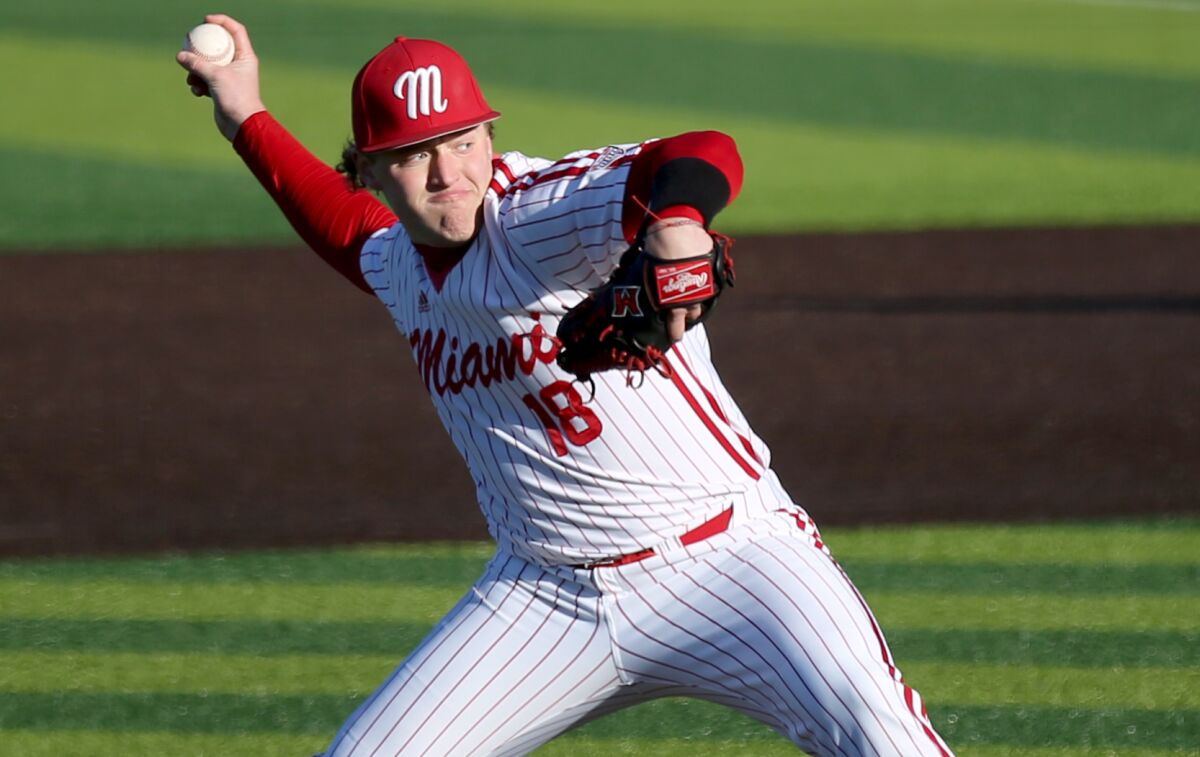 Miami (Ohio) University pitcher Sam Bachman was selected ninth overall by the Angels in the MLB draft Sunday.