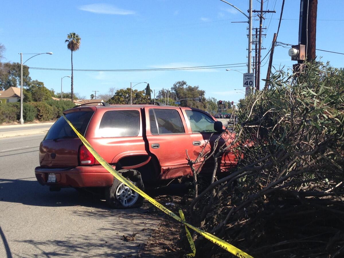 Police chased a suspect who carjacked this dodge Durango on Friday. It crashed in Long Beach on Wardlow Road near Maine Avenue.