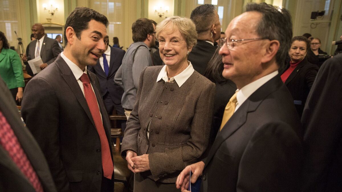 California Supreme Court Justice Kathryn Werdegar, with fellow justices Mariano-Florentino Cuellar, left, and Ming Chin in Sacramento, announced last week that she is stepping down Aug. 31.