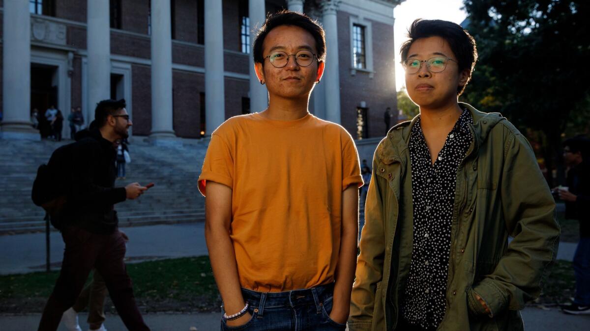 Thang Diep, 21, left, a senior in neurobiology from Reseda, and Sally Chen, 21, a senior in history and literature from San Francisco, will both be testifying in support of Harvard University.