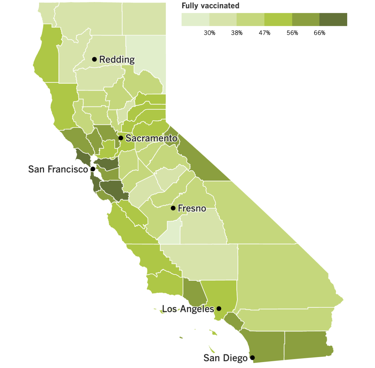 California county map of fully vaccinated rates as of Aug. 6.