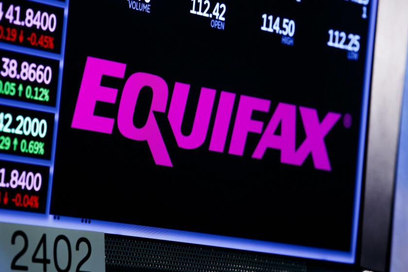 epa06200064 A view of a sign for the company Equifax on the floor of the New York Stock Exchange in New York, New York, USA, on 12 September 2017. The company recently disclosed that a data breach, discovered in July 2017, may have impacted as many as 143 million consumers in the United States. Equifax is one of the three main organizations in the US that calculates credit scores and has access to personal information including names, Social Security numbers, birth dates, addresses, some driver's license, and credit card numbers. EPA/JUSTIN LANE ** Usable by LA, CT and MoD ONLY **