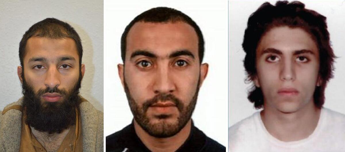 Authorities say Khuram Shazad Butt, from left, Rachid Redouane and Youssef Zaghba were the men shot dead by police following a terrorist attack that began on London Bridge. (London Metropolitan Police)