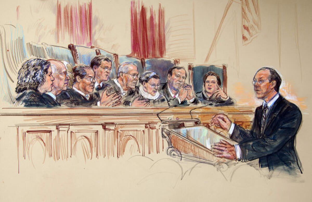 This artist rendering shows attorney Paul Clement before the Supreme Court in Washington during arguments on the constitutionality of President Obama's healthcare overhaul. Justices, from left are, Sonia Sotomayor, Stephen G. Breyer, Clarence Thomas, Antonin Scalia, Chief Justice John G. Roberts Jr., Anthony M. Kennedy, Ruth Bader Ginsburg, Samuel A. Alito Jr. and Elena Kagan.