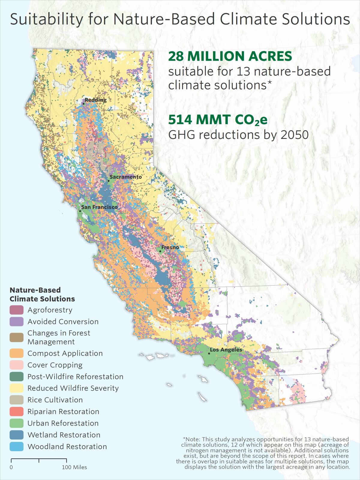 Statewide map showing potential for emissions reductions from natural and working lands.