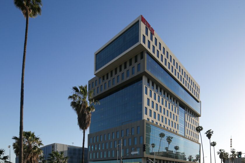 A tall, gray building with many windows, surrounded by palm trees