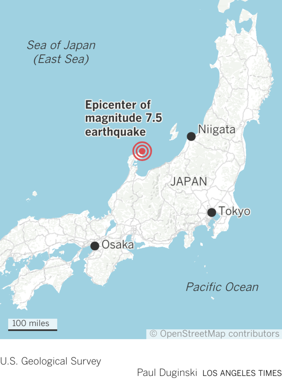 Locator map of magnitude 7.5 earthquake in western Japan.