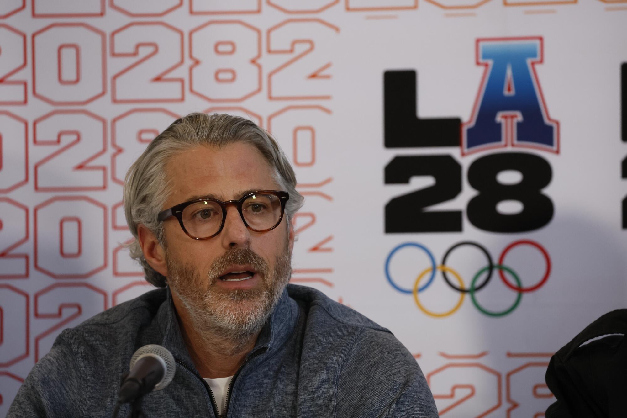 Casey Wasserman, LA28 chairman and president, speaks during a news conference in 2024.