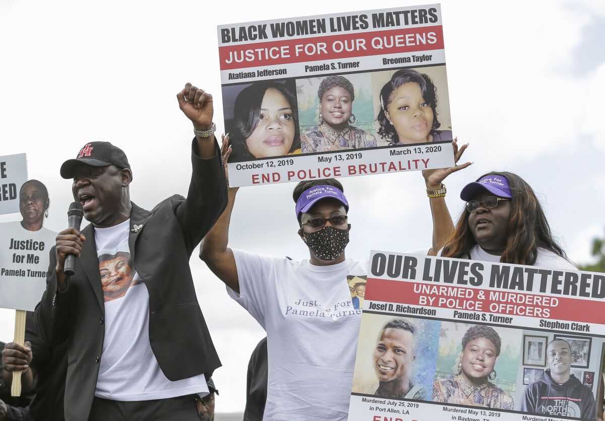 Attorney Benjamin Crump talks to a crowd of supporters during a "Justice for Pamela Turner" rally on the two-year-anniversary of Turner's death, Thursday, May 13, 2021, in Baytown, Texas. Turner was fatally shot in 2019 by a police officer in the Houston suburb after a struggle over his stun gun. (Godofredo A. Vásquez/Houston Chronicle via AP)