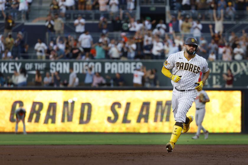 San Diego, CA - August 15: San Diego Padres' Gary Sanchez rounds the bases after hitting a grand slam in the first inning against the Baltimore Orioles at Petco Park on Tuesday, August 15, 2023 (K.C. Alfred / The San Diego Union-Tribune)