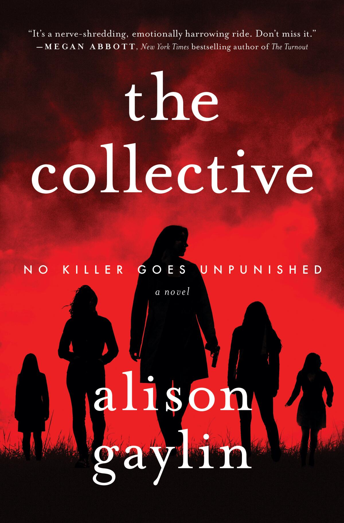 Five silhouetted women against a red background on the cover of "The Collective," by Alison Gaylin.