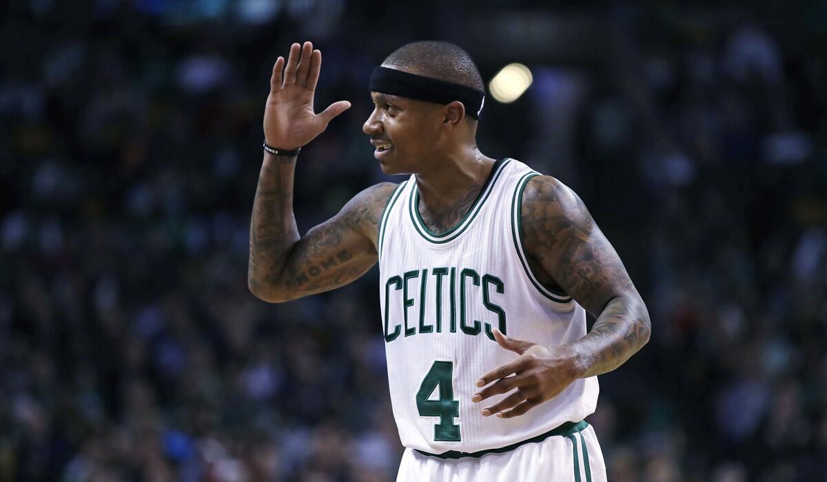 Boston Celtics guard Isaiah Thomas gestures during the second half against the Toronto Raptors on Wednesday.