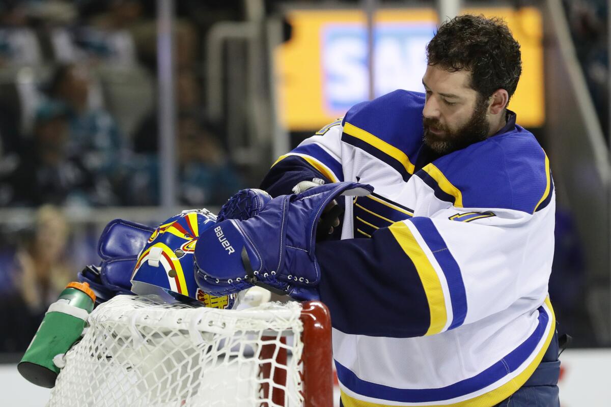 Blues goalie Brian Elliott (1) stands in goal during Game 6 of the Western Conference finals against the Sharks.