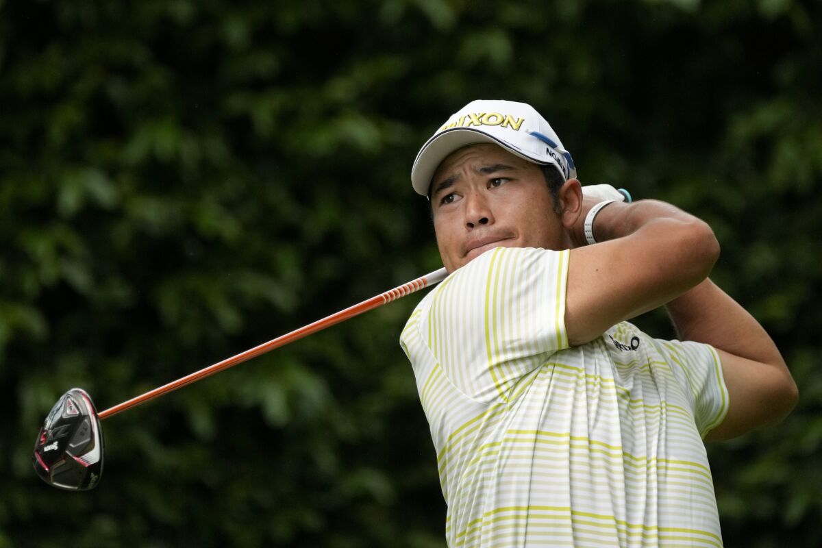 FILE - Hideki Matsuyama, of Japan, watches his tee shot on the second hole during the final round of the Masters golf tournament on April 11, 2021, in Augusta, Ga. The Masters is scheduled for April 7-10, 2022 at Augusta National in Augusta, Ga. (AP Photo/David J. Phillip, file)