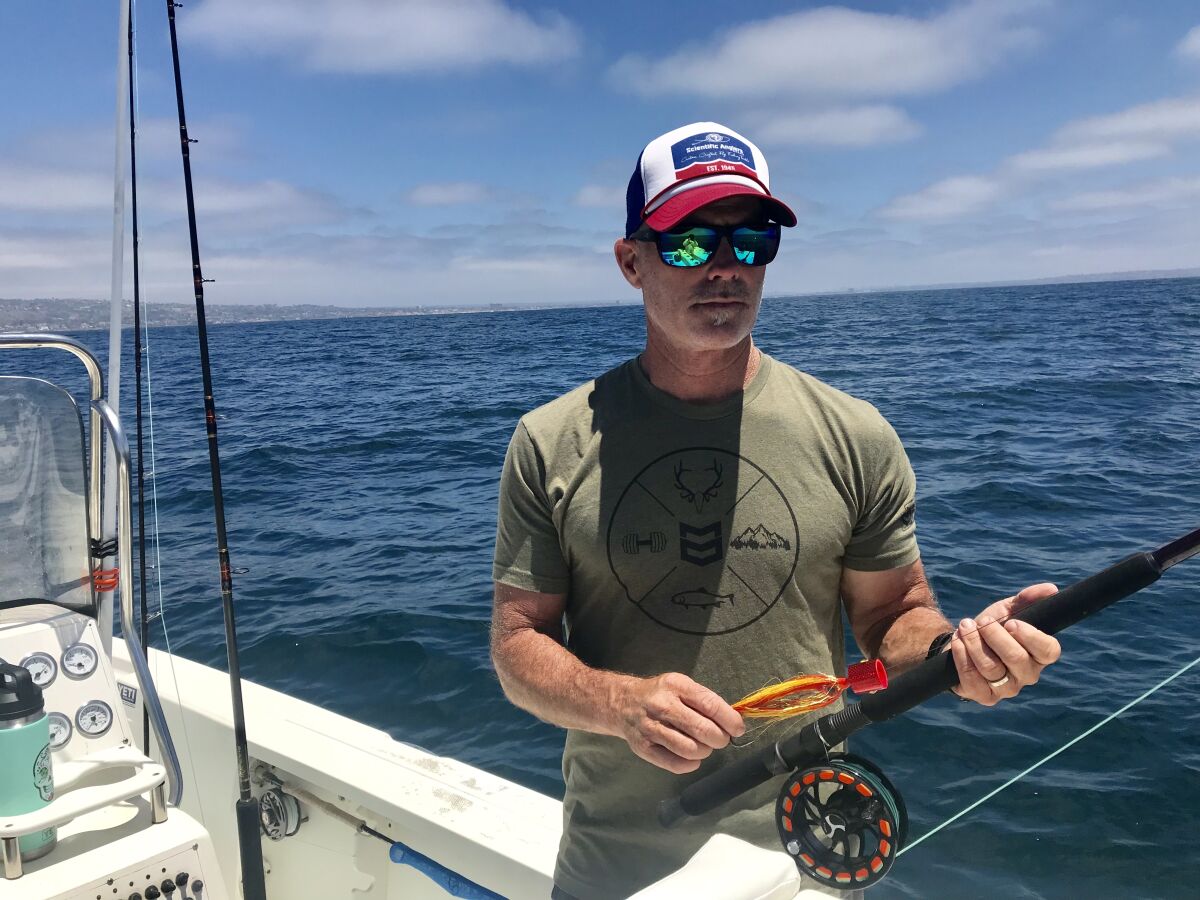 The unique mako fly-fishing blueprint in San Diego was pieced together by Conway Bowman, an Encinitas resident shown on his boat Thursday.
