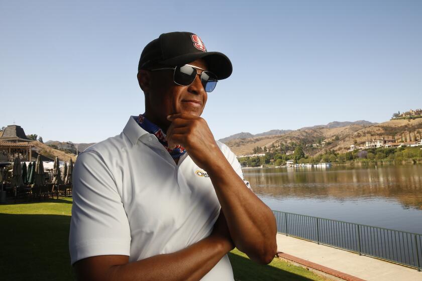 WESTLAKE VILLAGE, CA - JUNE 04: Former NFL football player Toi Cook photographed in Westlake Village June 5, 2021. Cook has played for several NFL teams including as a Super Bowl champion for the San Francisco 49ers. Amongst his many roles after his career in the NFL, Cook was appointed to the Board of Advisors for the Amarantus Traumatic Brain Injury Program. Cook attended Stanford University on a full ride scholarship and was inducted into the Stanford Hall of Fame as a 2-sport athlete for football and baseball as he and his teammates of the 1987 Stanford baseball team won the College World Series. Westlake on Friday, June 4, 2021 in Westlake Village, CA. (Al Seib / Los Angeles Times).