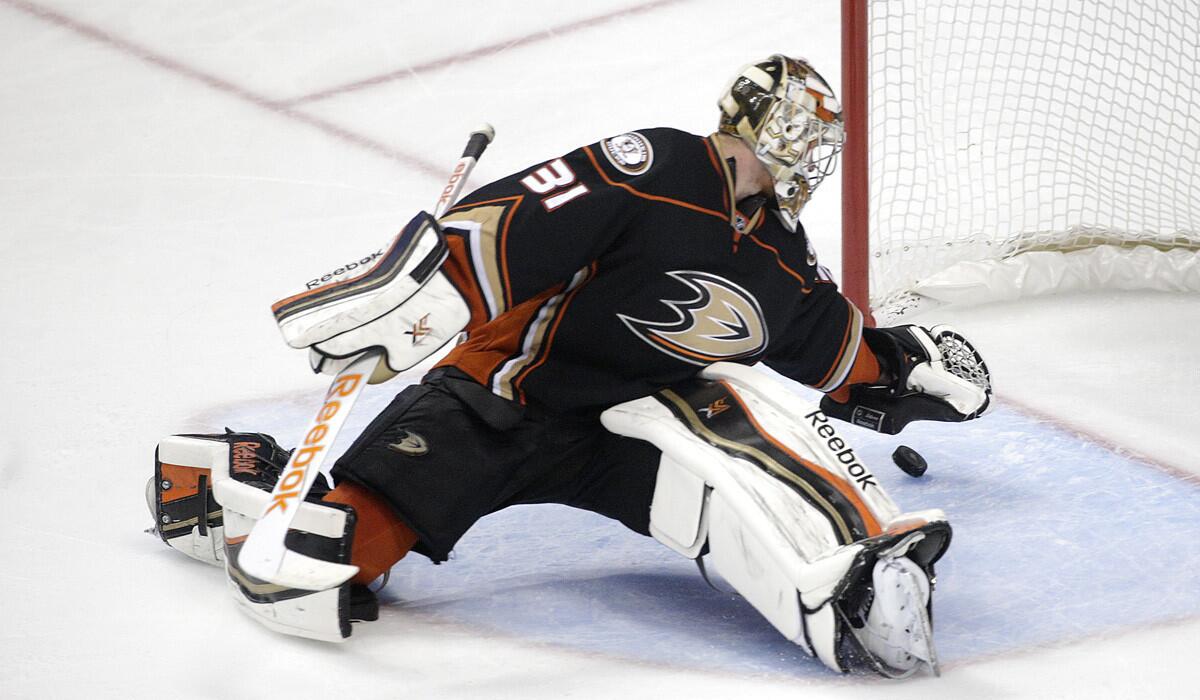 Anaheim Ducks goalie Frederik Andersen stops a shot during the Ducks' 6-1 win over the Calgary Flames in Game 1 of the second round of the Stanley Cup playoffs on Thursday.