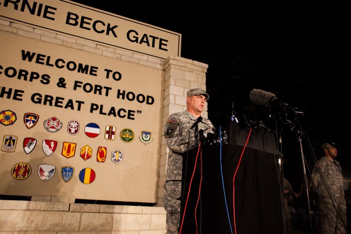 Gen. Mark Milley, Ft. Hood's commanding officer, speaks at a news conference about the latest shooting at the base.