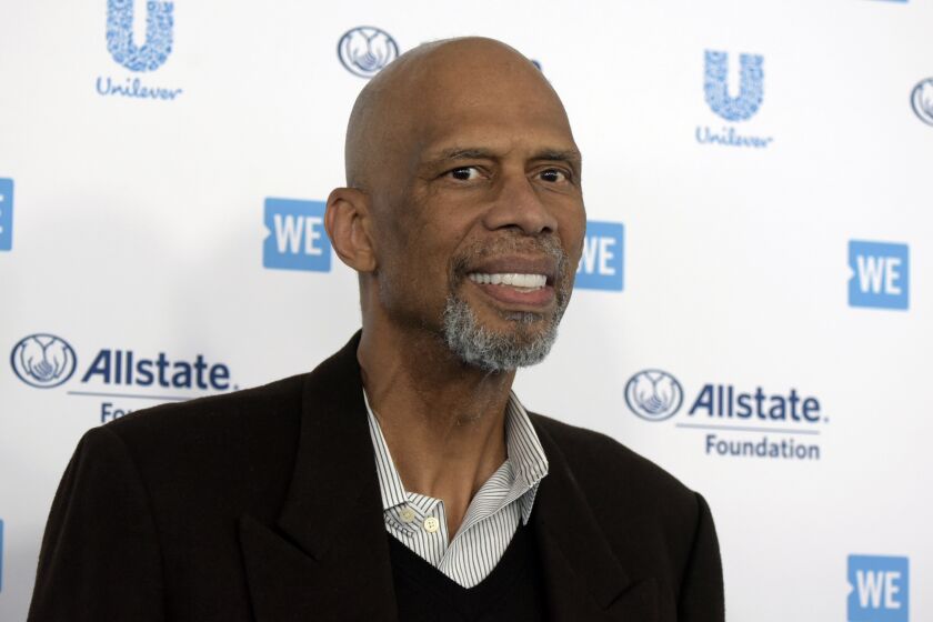 FILE - Kareem Abdul-Jabbar arrives at WE Day California at The Forum on Thursday, April 25, 2019, in Inglewood, Calif. Kareem Abdul-Jabbar appreciates what today’s NBA players are doing in their attempts to make the world better, how they’re using their voices and platforms as conduits for change. The NBA announced Thursday, May 13, 2021 the creation of a new award — the Kareem Abdul-Jabbar Social Justice Champion Award — to recognize players who are making strides in the fight for social justice.(Photo by Richard Shotwell/Invision/AP, File)