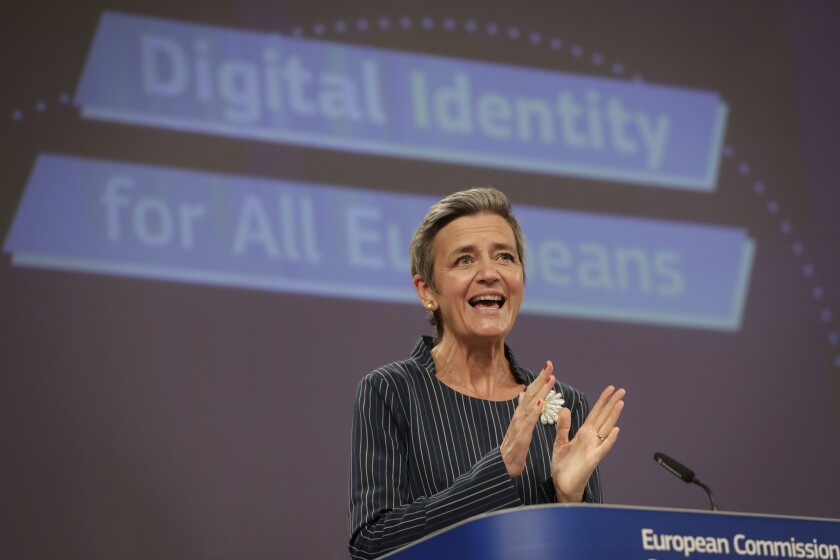 European Commissioner for Europe fit for the Digital Age Margrethe Vestager speaks during a media conference at EU headquarters in Brussels, Thursday, June 3, 2021. The European Union unveiled plans Thursday for a digital ID wallet that residents can use to access services across the bloc, in an effort to accelerate the shift to online for its post-pandemic recovery strategy. (Stephanie Lecocq, Pool via AP)