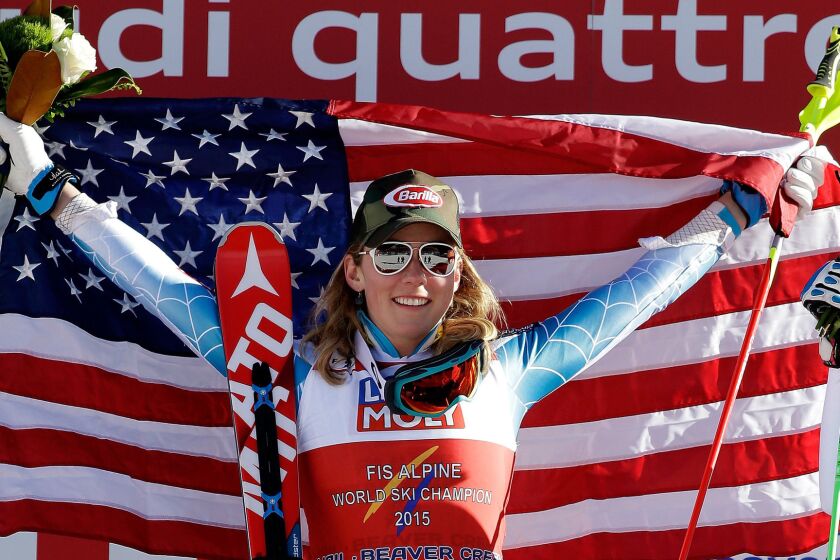 Mikaela Shiffrin celebrates her victory in women's slalom at the world championships in Beaver Creek, Colo., on Saturday.