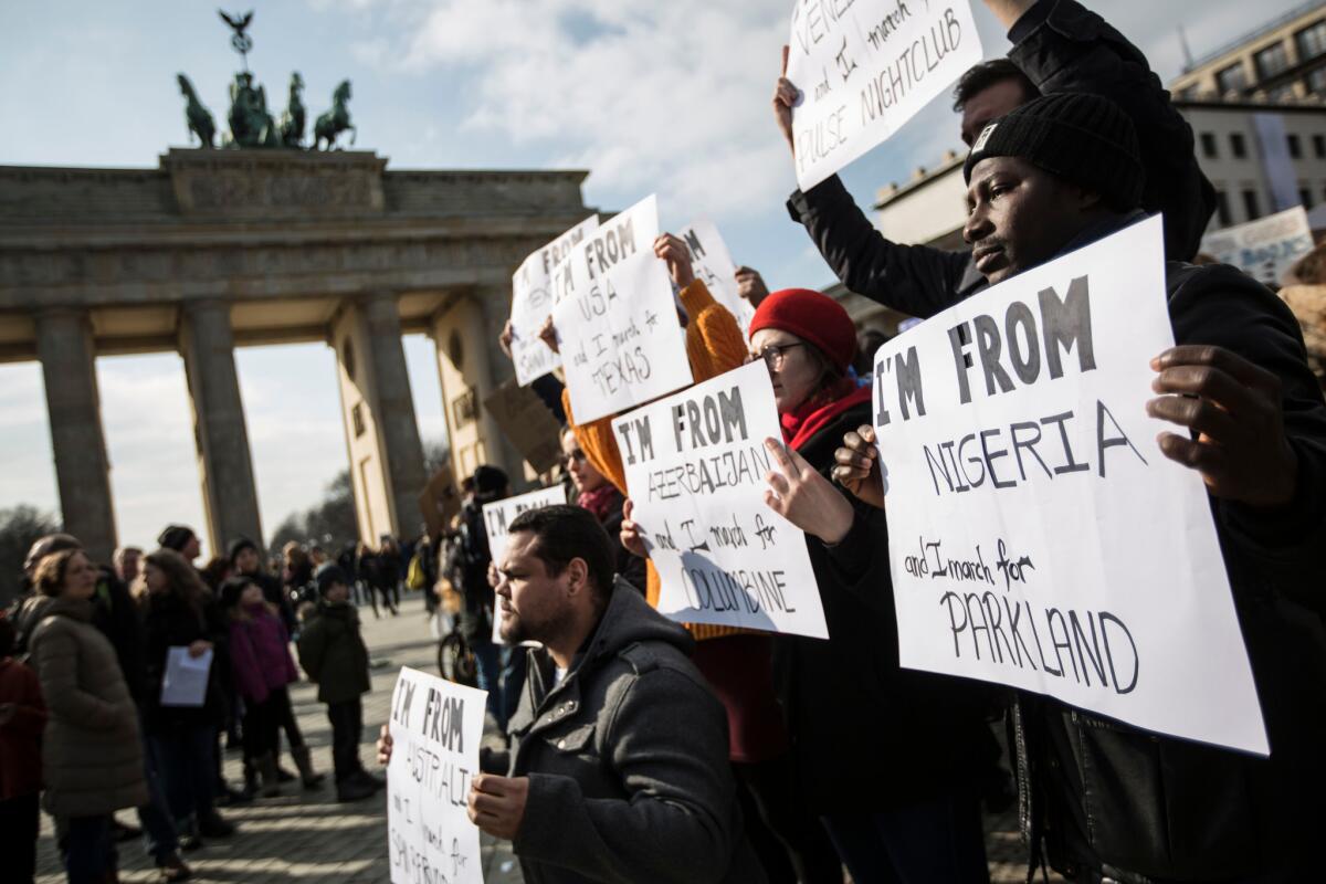 BERLIN: Gun control advocates from several countries joined the March for our Lives in the shadow of the Brandenburg Gate.