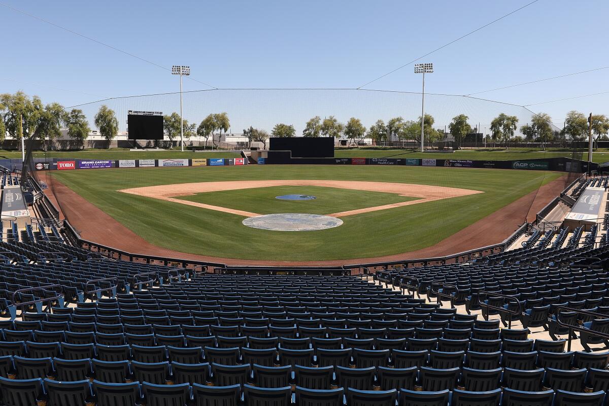 PHOENIX, ARIZONA - APRIL 07: General view inside of the Milwaukee Brewers spring training facility, American Family Fields of Phoenix on April 07, 2020 in Phoenix, Arizona. According to reports, Major League Baseball is considering a scenario in which all 30 of its teams play an abbreviated regular season without fans in Arizona's various baseball facilities, including Chase Field and 10 spring training venues. (Photo by Christian Petersen/Getty Images)