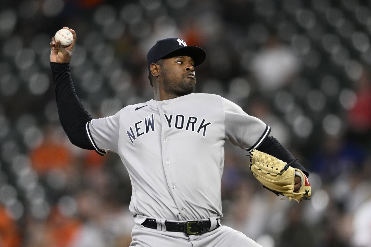 New York Yankees starting pitcher Luis Severino throws during the fourth inning of a baseball game against the Baltimore Orioles, Monday, May 16, 2022, in Baltimore. (AP Photo/Nick Wass)