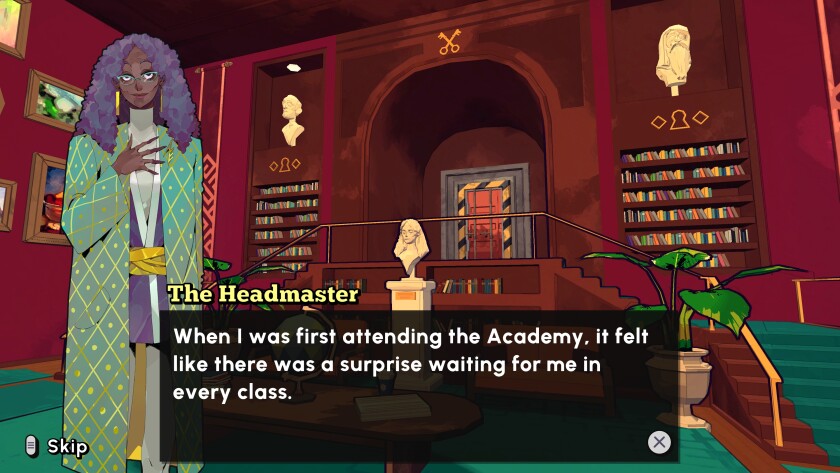 A video game still of text from "the Headmaster"
