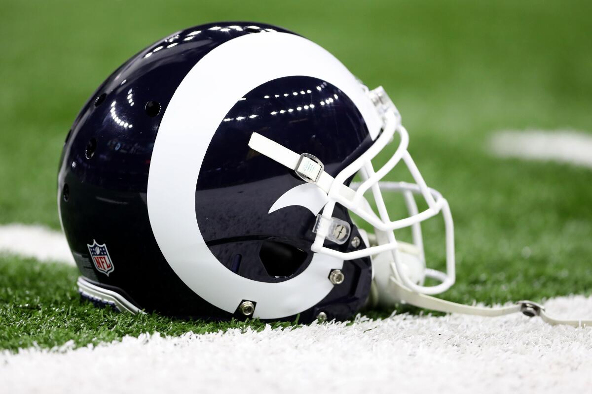 NEW ORLEANS, LOUISIANA - JANUARY 20: A detail view of a Los Angeles Rams helmet prior to the NFC Championship game against the New Orleans Saints at the Mercedes-Benz Superdome on January 20, 2019 in New Orleans, Louisiana. (Photo by Streeter Lecka/Getty Images)