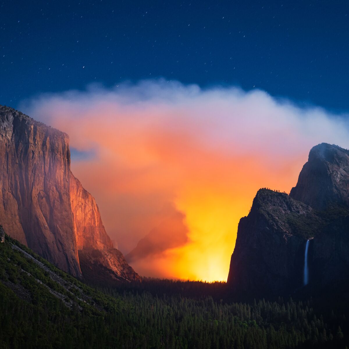 View of a fire burning in Yosemite.