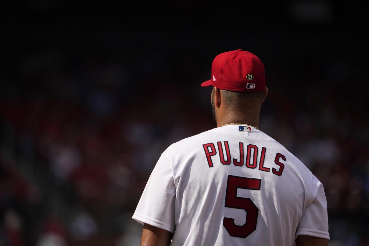 St. Louis Cardinals first baseman Albert Pujols takes up his position during the second inning of a baseball game against the Washington Nationals Monday, Sept. 5, 2022, in St. Louis. (AP Photo/Jeff Roberson)