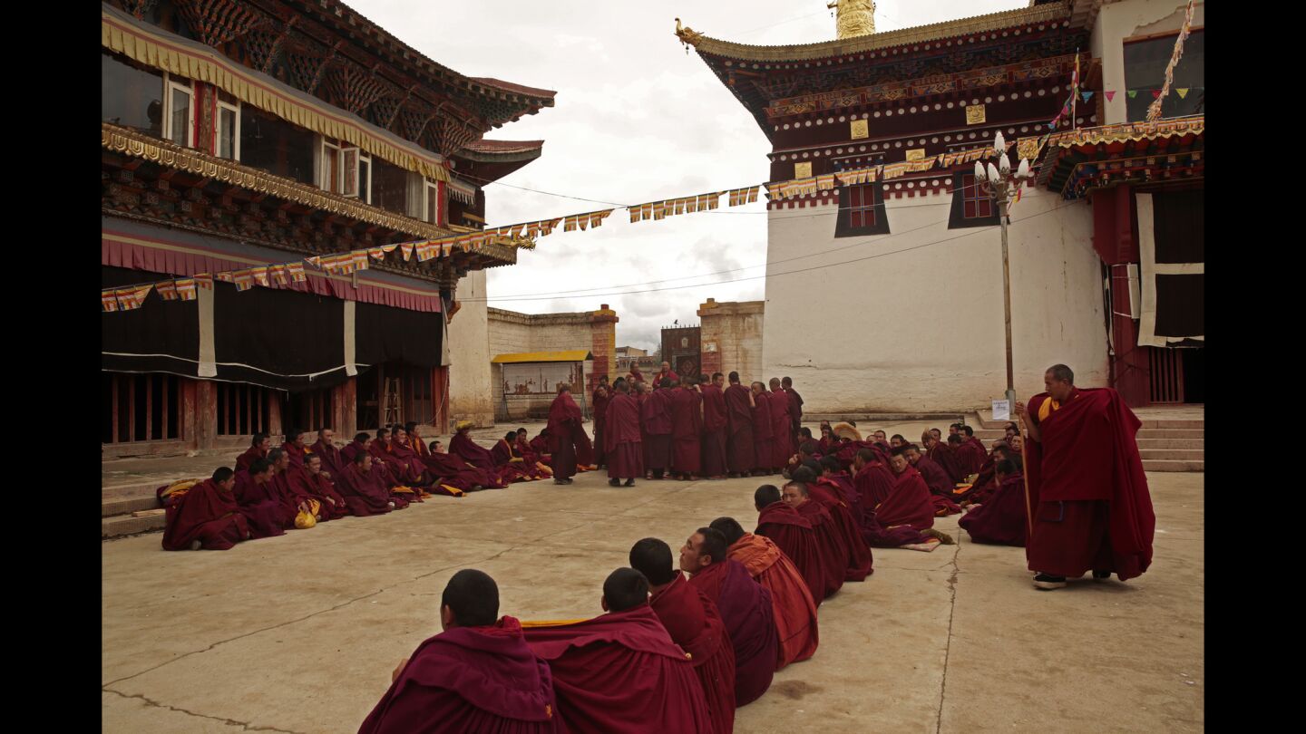 Tibetan Buddhist monks gather at Kirti Monastery, founded in 1472, in Aba, China.