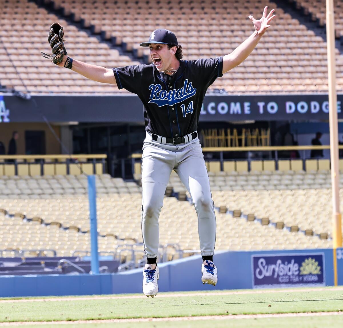 El Camino Real pitcher Devin Gonor leaps off the mound after completing three-hit shutout against Venice.