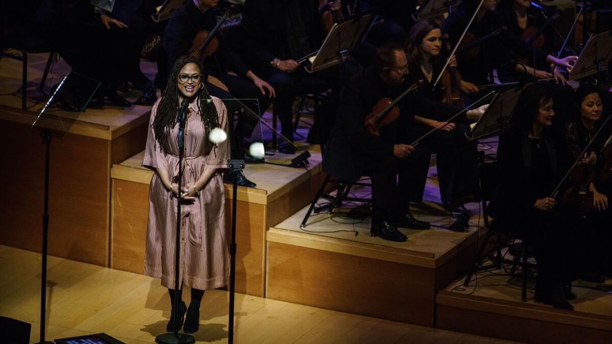 Ava DuVernay introduces "The Sound of Courage" segment Wednesday in Walt Disney Concert Hall.