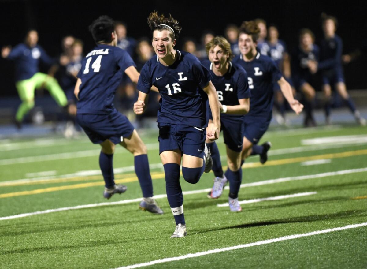 Charlie Munoz of Loyola celebrates after a tying goal against Santa Barbara.