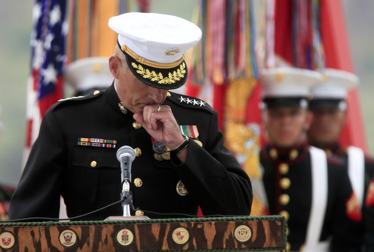 Marine Gen. John Kelly, whose son Robert was killed in Afghanistan, speaks at the dedication of the memorial to the Marines and sailors from the 5th Regiment who were killed in Afghanistan.