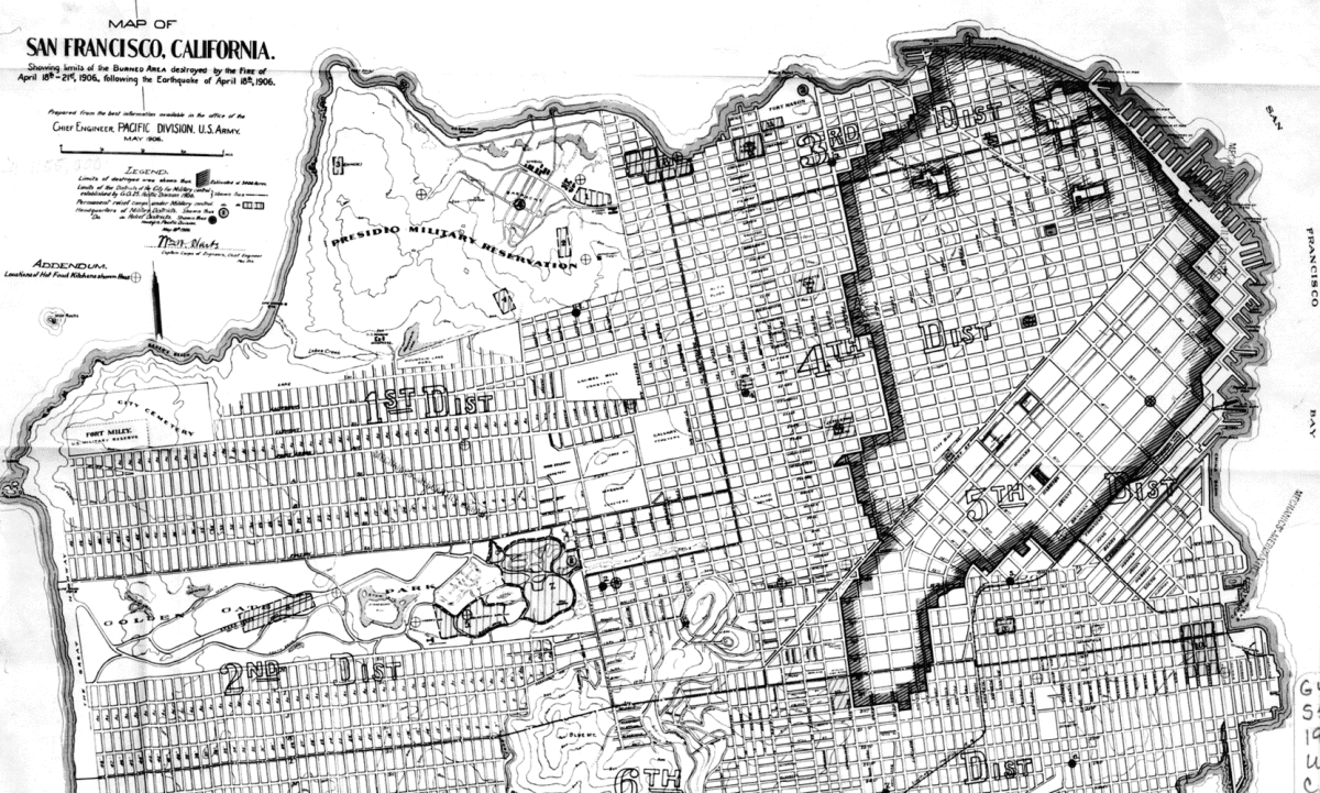 A map shows the downtown area burned in the great San Francisco fire that destroyed much of the city, following the 1906 earthquake.